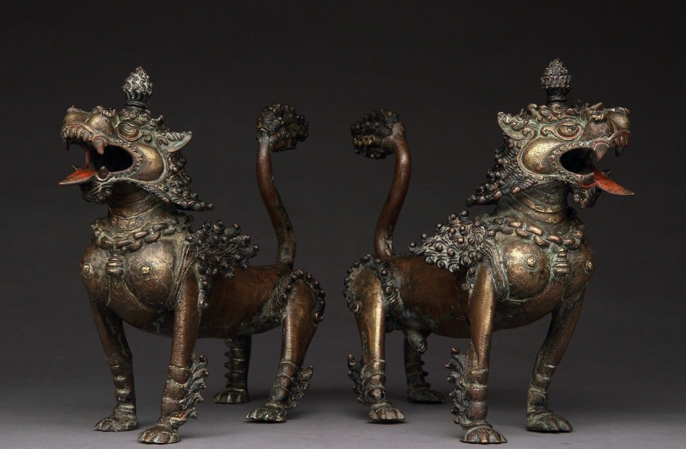 Pair of Nepalese Cast Bronze Fantastical Lion Dogs